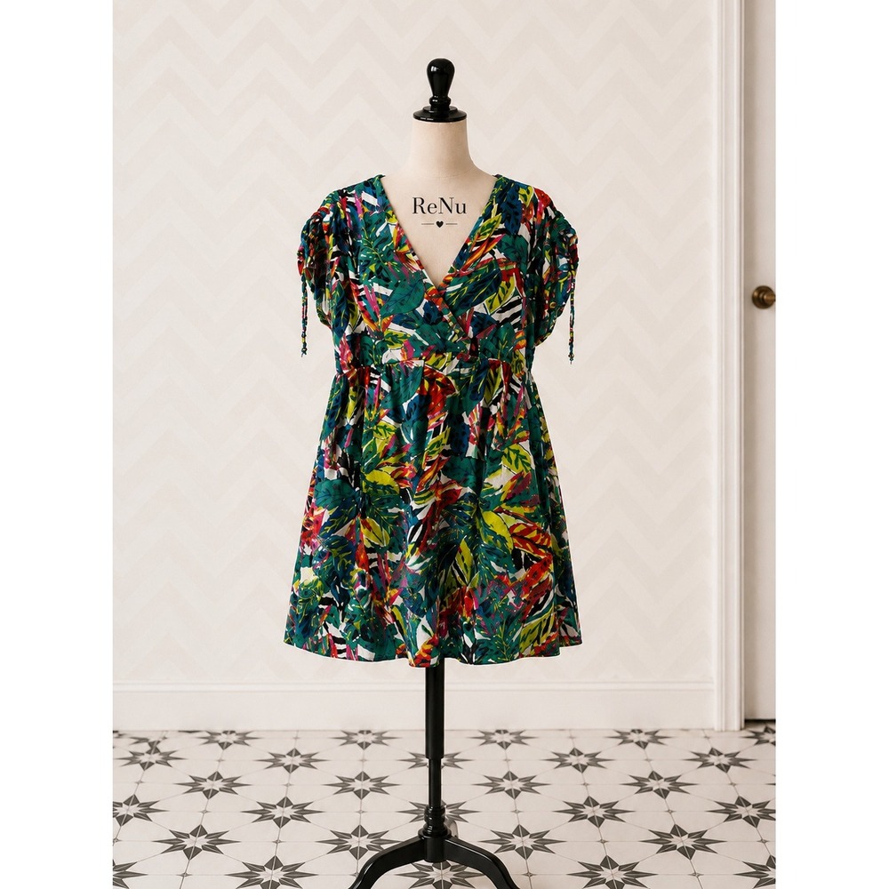 Lauren Ralph Lauren Tropical Floral V-Neck Cinch Sleeve Mini Dress XL‎